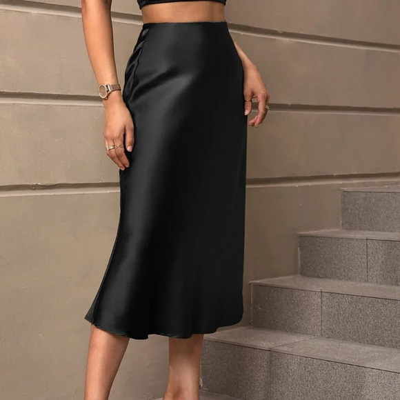 Black Preppy Womens High Waist Satin Skirt - Picture 4 of 5